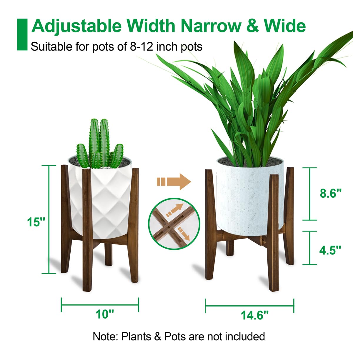 OERGKE 2 PACK Adjustable Plant Stand Indoor, Bamboo Mid Century Modern Plants Stands, Corner Flower Holder for Living Room, Fits 8 to 12 Inches Pots, (Pot & Plant Not Included)(Walnut)