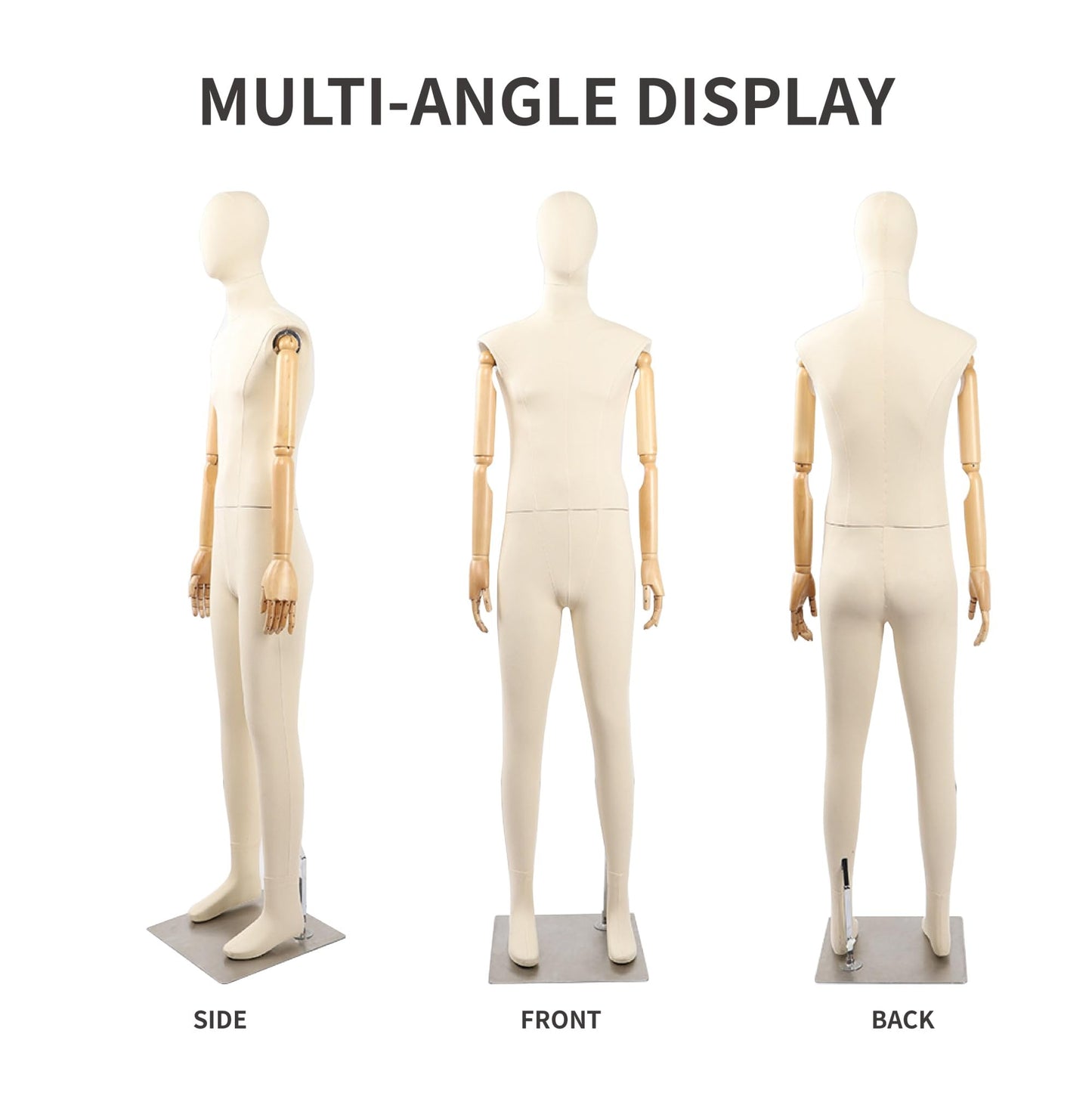 Full Body Male Mannequin with Articulated Wood Arms, Premium Linen Covered Dress Form with Heavy Metal Base, Posable Retail Display Dummy for Boutique Window & Streetwear(Headless)