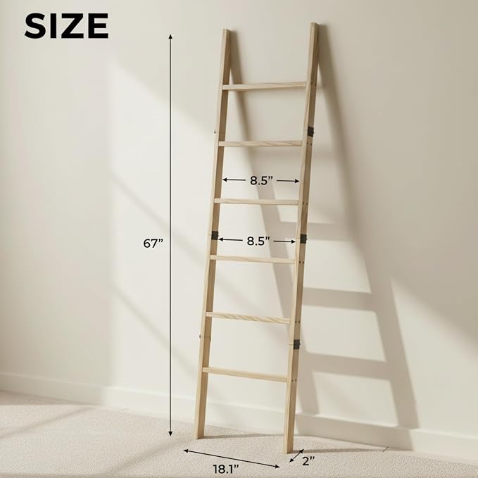 Blanket Ladder for Living Room 6-Tier, Wooden Decorative Quilt Holder for Bed Room, Wall-Leaning Towel Rack for Bathroom, Decorative Blanket Ladder Wood for Home Decor & Display (Light Wash)
