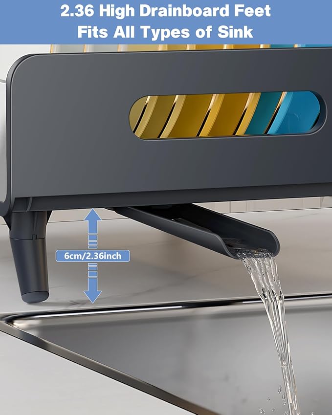 Dish Drying Rack with Drain Board, 304 Stainless Steel Core, Aluminum Rustproof Frame, Anti-Slip Elevated Feet, Removable Adjustable Spout, Utensil Holder, Gray