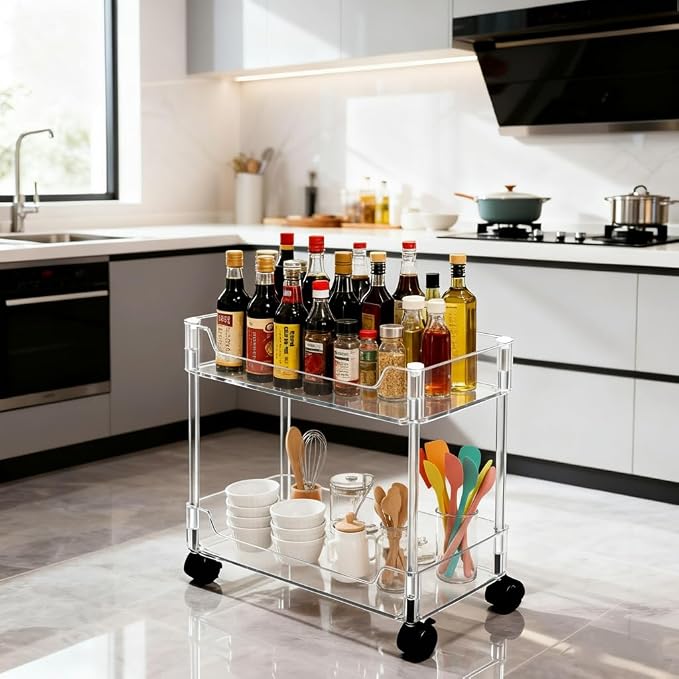 Betoveren 2 Tier Utility Rolling Cart Storage Organizer with Wheels Under Desk Mobile Bathroom Cart Organizer for Office Bathroom Home Kitchen Organization Transparent (Width 8.85 Inches)