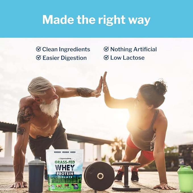 Opportuniteas Grass Fed Whey Isolate Protein Powder - Unflavored 28g Protein Powder Without Artificial Sweeteners, Hormone-Free Cows, Non GMO - 2.5lb