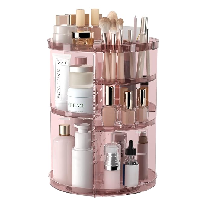 Rotating Makeup Organizer, DIY 8 Adjustable Layers Spinning Skincare Storage, Cosmetic Display Case with Brush Holder and Perfume Tray, Multi-Function Vanity Bathroom Countertop Organizer Clear Pink