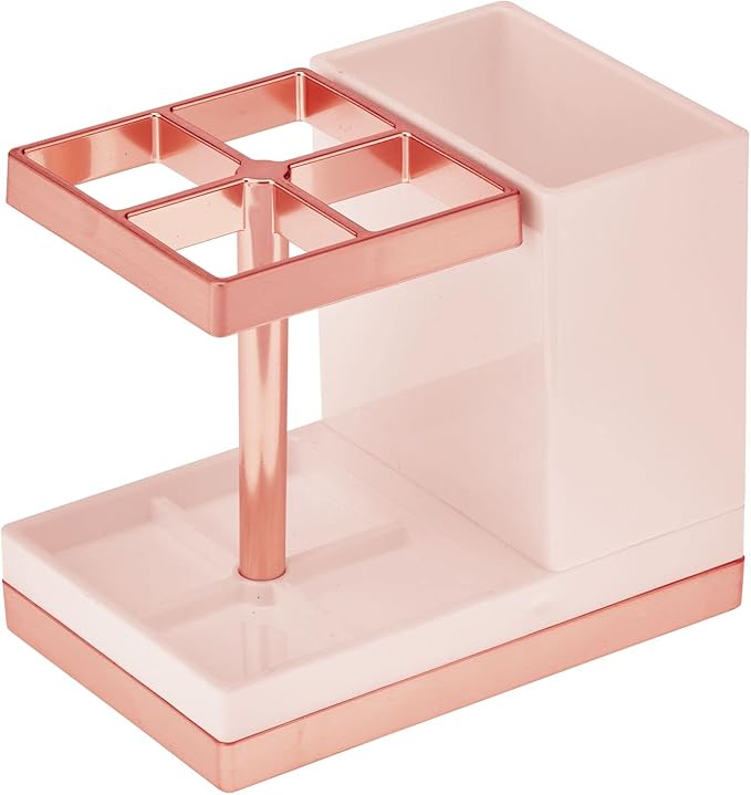 mDesign Plastic Toothbrush and Toothpaste Storage Organizer Holder - Home Decor for Bathroom Countertop - Holds Toiletries and Beauty Accessories - Lumiere Collection, Light Pink/Rose Gold