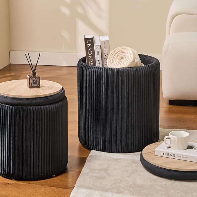 BLEXA Round Set of 2 Ottoman with Storage - Upholstered Velvet Vanity Stool for Makeup Multifunctional Ottomans Coffee Table Padded Seat Foot Rest for Living Room & Bedroom (Black)