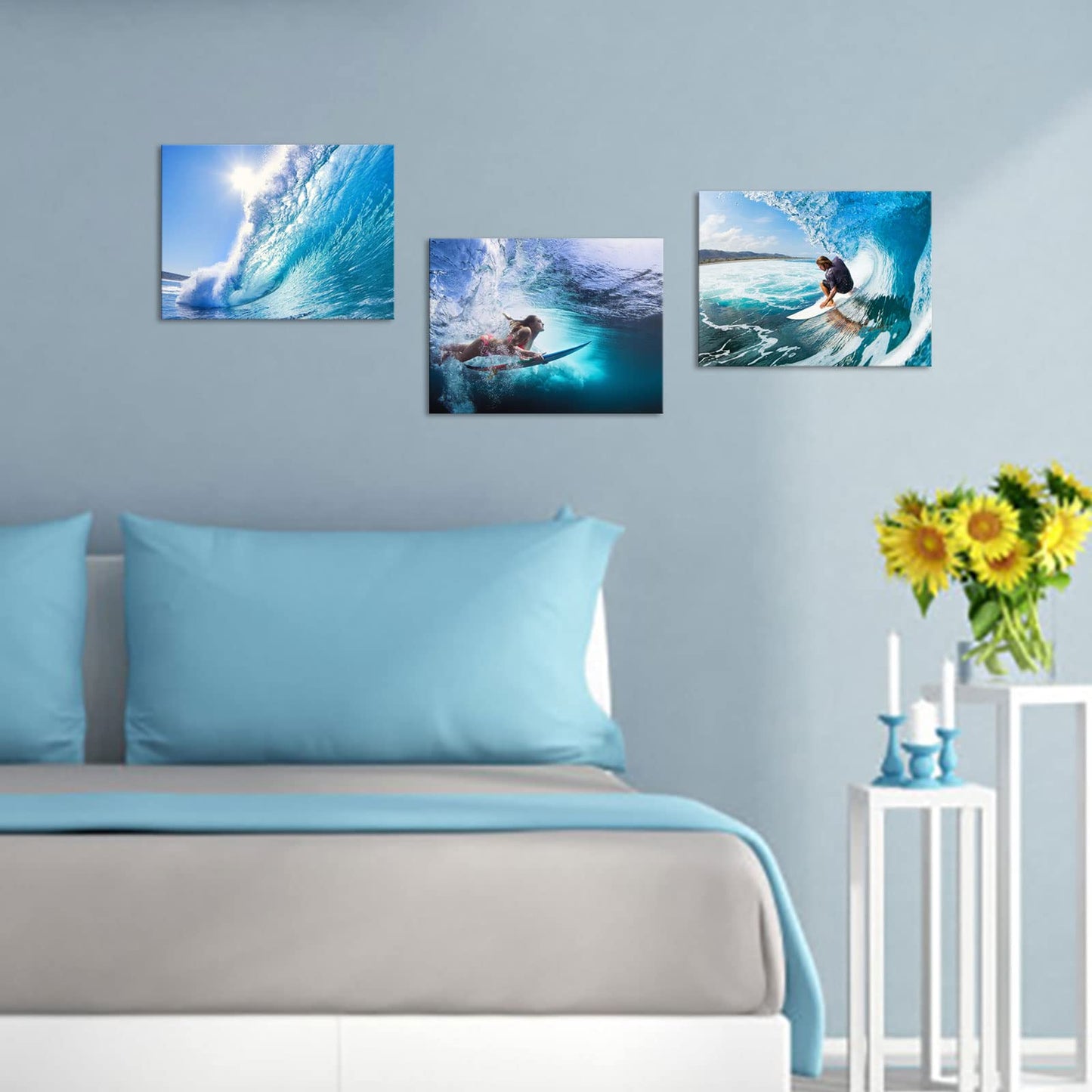 Artsbay Ocean Wall Art Surfing Painting Teal Surf Wall Decor for Bathroom Bedroom Living Room 16" W x 12" H x 3PCS