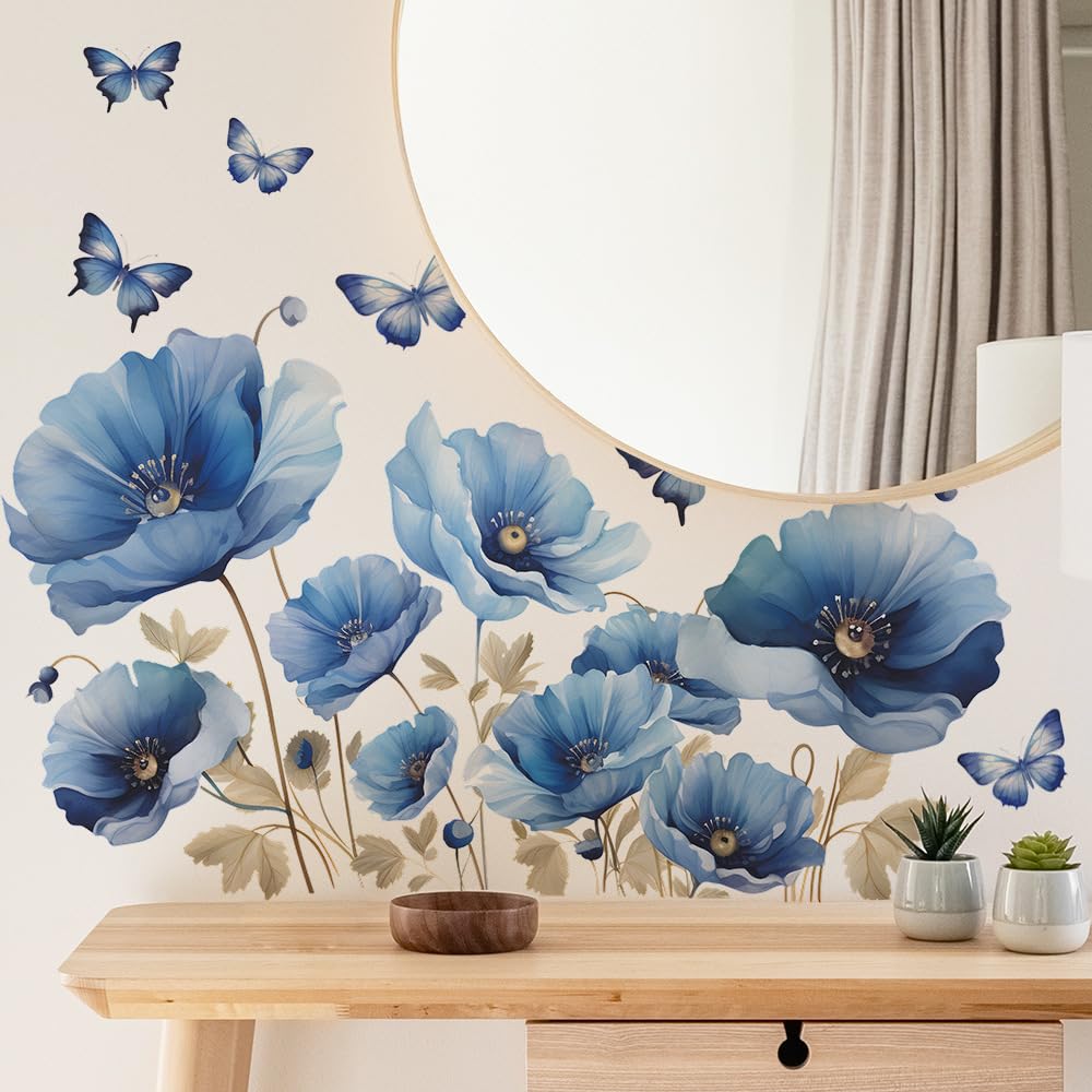 iMagitek Blue Flower Wall Decals Peel and Sticker DIY Floral Butterly Wall Stcikers Murals for Girls Bedroom, Living Room, Kids Room Wall Decor