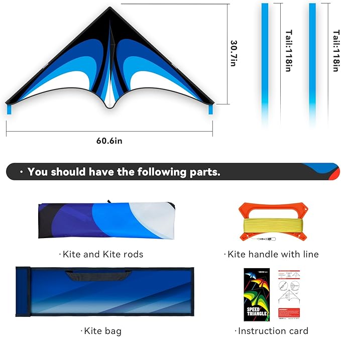 Blue Delta Kite Easy to Fly,Beach Trip Outdoor Games Single Line String with Tail,Easy Flying Colorful Life 3D Delta Huge Kite for Kid and Adult