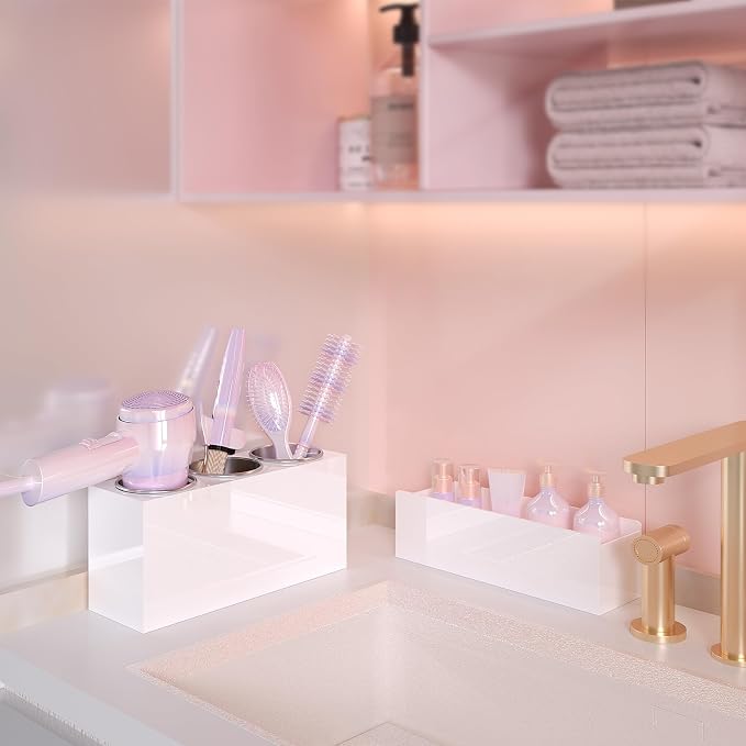 Hair Tool Organizer, Removable Blow Dryer Holder for Bathroom, Hot Tools Organizer For Hair Dryer, Blow Dryer, Curling Iron, Hair Straightener, Bathroom Countertop Organizer, Glossy White