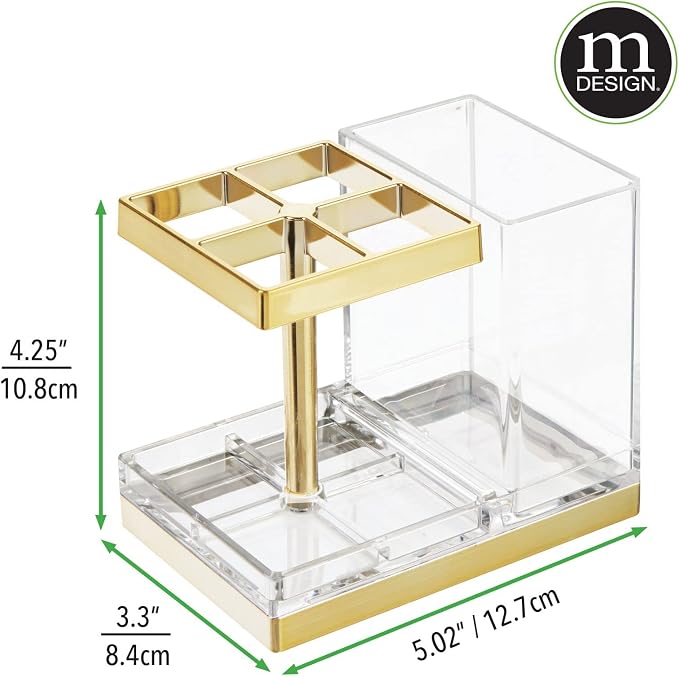 mDesign Plastic Toothbrush and Toothpaste Storage Organizer Holder - Home Decor for Bathroom Countertop - Holds Toiletries and Beauty Accessories - Lumiere Collection - Clear/Soft Brass