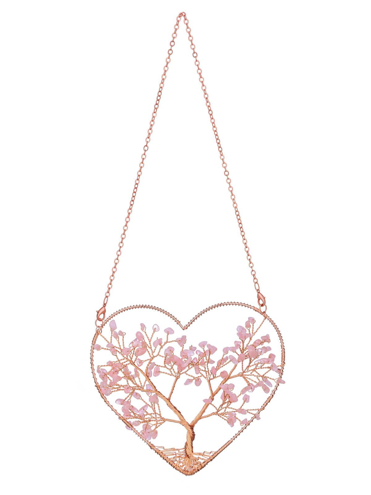 MANIFO Rose Quartz Crystal Tree Life Hanging Ornament Heart Healing Crystal Gemstone Hanging Decoration for Home Garden Window Wall Gifts