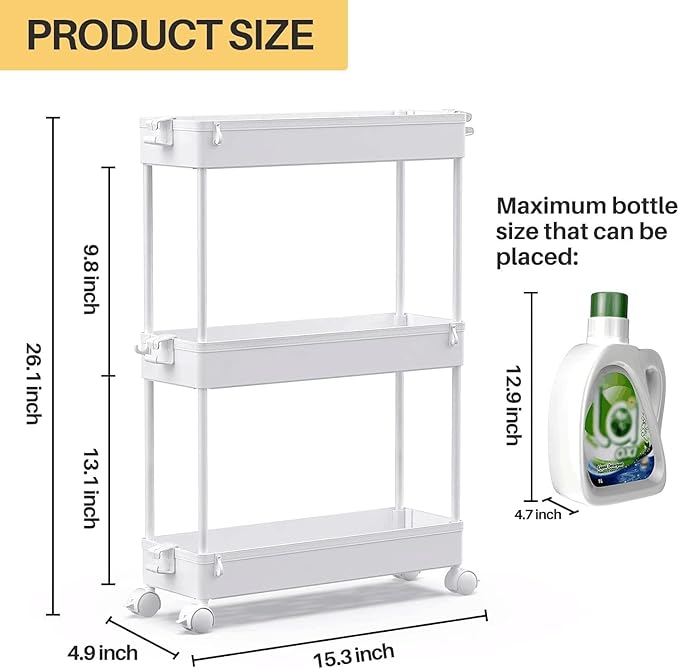 SPACEKEEPER Slim Rolling Storage Cart, 3 Tier Bathroom Storage Organizer Laundry Room Utility Cart Mobile Shelving Unit, Multi-Purpose for Kitchen Office Bathroom Laundry Narrow Places, White