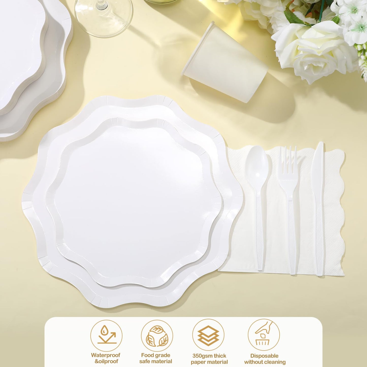 Ziliny 350 Pcs Cute White Party Supplies, 50 Guests Disposable Paper Plates Paper Cups Cutlery Napkins Dinnerware Set for Wedding, Birthday, Baby Shower, Outdoor (scallop Wave 1, White)
