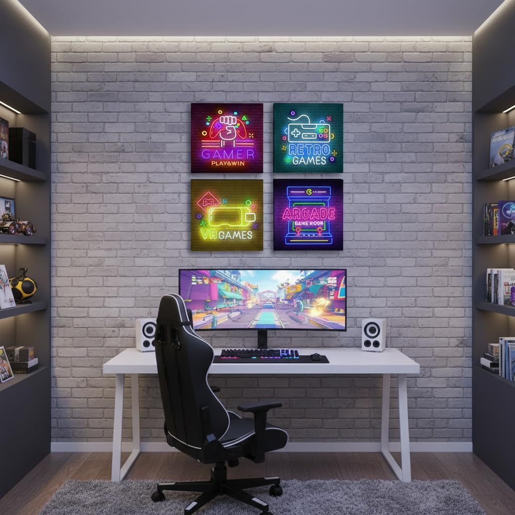 BLINFEIRU Game Room Decor Wall Art Video Gaming Pictures Canvas Prints 4 Piece Cool Pop Gaming Posters for Teen Room Boys Bedroom Framed Ready to Hang 12"x12"x4