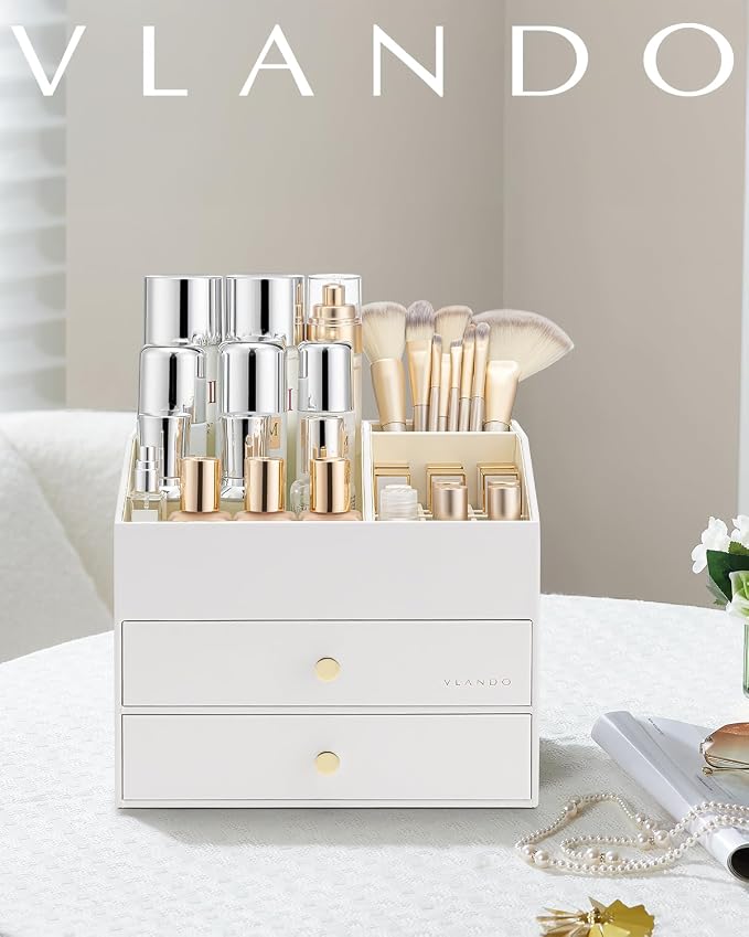 VLANDO Makeup Organizer for Vanity,Large Capacity Countertop Organizer with Drawers, PU Leather Cosmetic Display Case for Lipstick,Brushes,Skincare,Nail polish and Bedroom Storage (White)