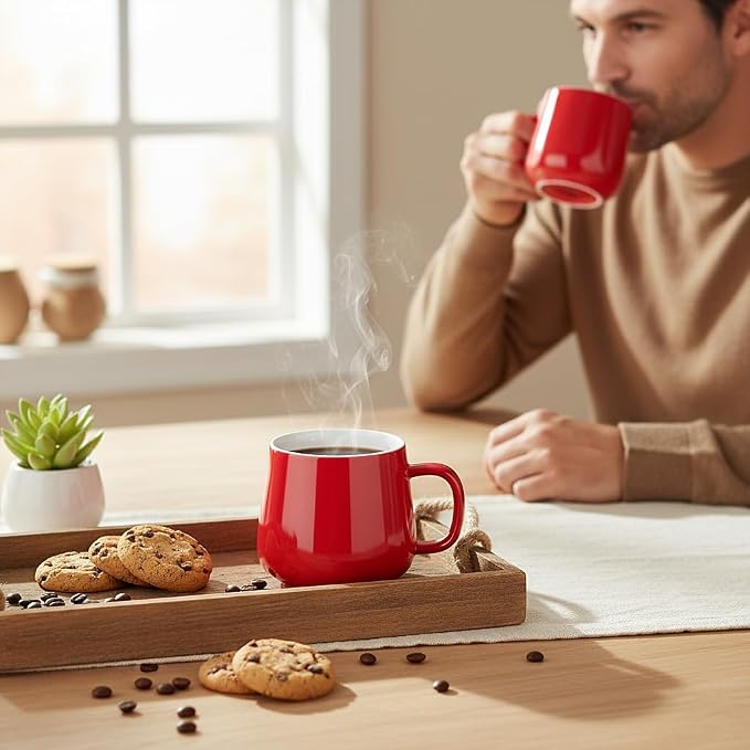 Teocera Coffee Mugs Set of 6-12oz Chip-Resistant Ceramic Cups with Ergonomic Handle | Dishwasher & Microwave Safe Red Mugs | Keeps Beverage Hot, Perfect for Family Kitchen & Holiday Gifts