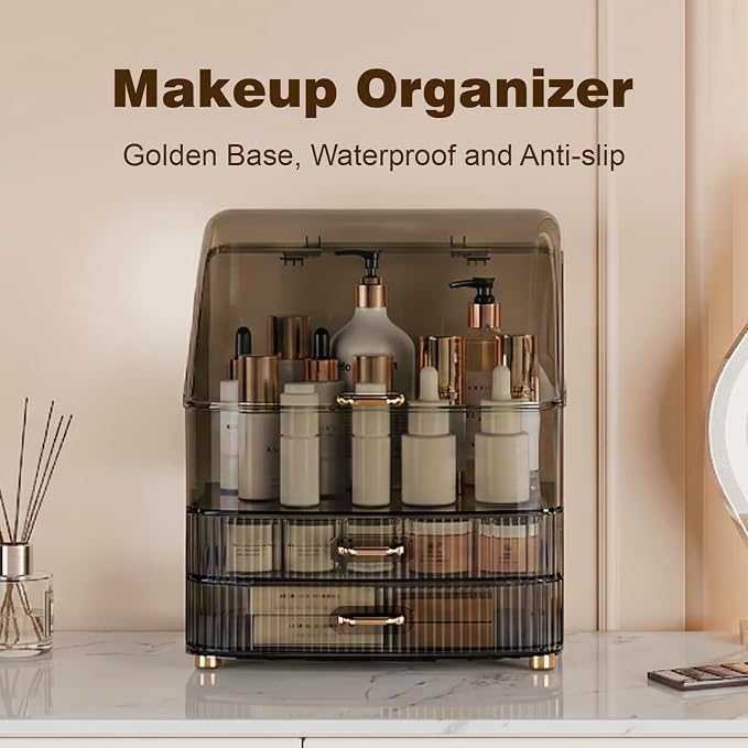 Makeup Organizer Countertop Vanity with Transparent Lid Drawers Waterproof Dustproof Cosmetic Skincare Bathroom Storage Gift for Women Teens Girls (Clear Black)
