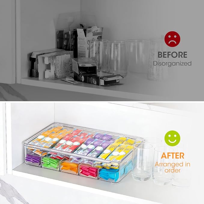 AIEVE Drink Packet Organizer, 2-Tier Tea Bag Organizer with Lid, Stackable Clear Pantry Storage Bins with Adjustable Dividers, Acrylic Water Packet Holder for Cabinet Kitchen Storage Organization