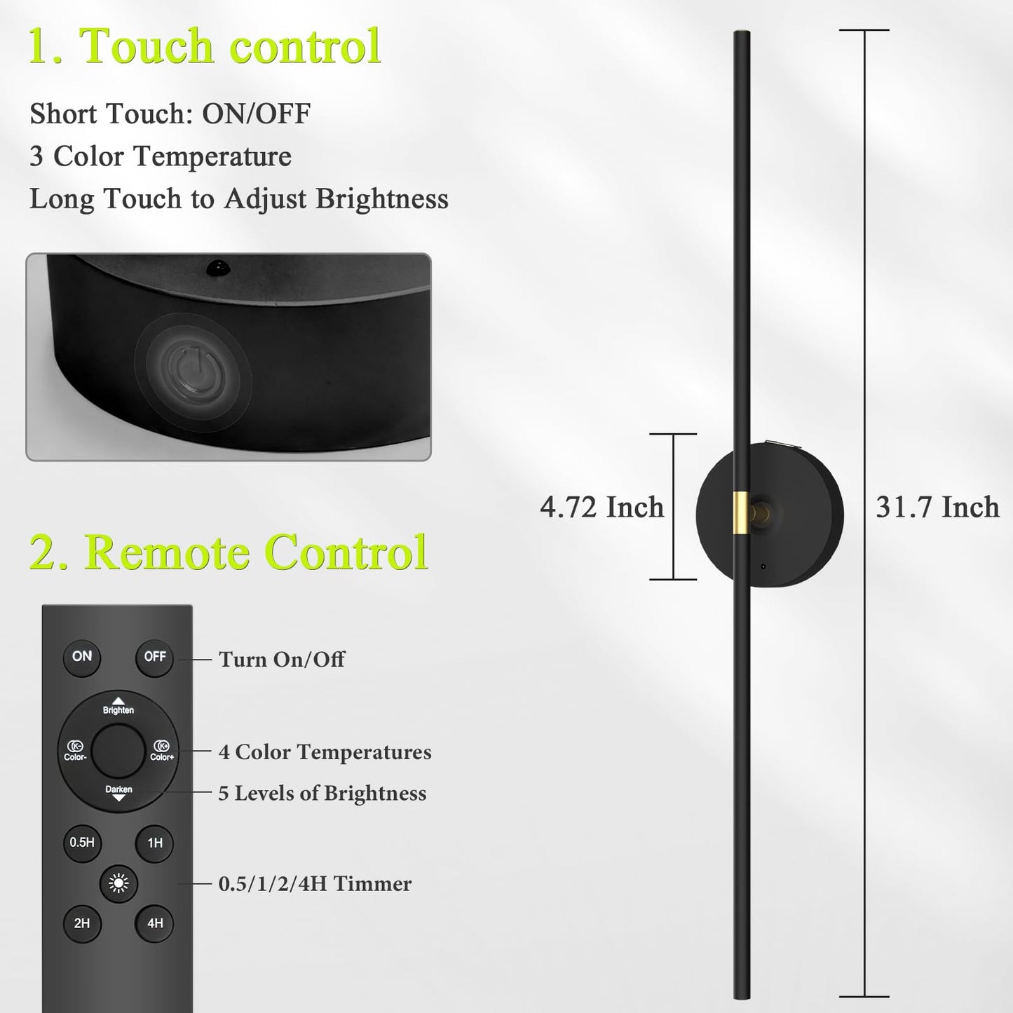 Battery Operated Wall Sconce Set of 2: 10000mAh Wireless Sconces Rechargeable Wall Lights with Touch and Remote, 360° Rotate Cordless Wall Lamp for Bedroom Living Room Hallway, 31.5 Inch, Black
