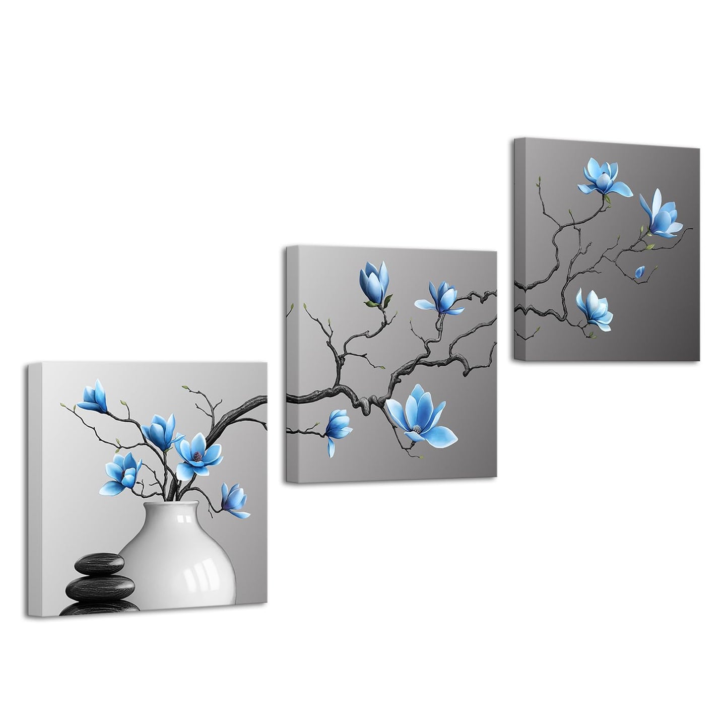 Artsbay Magnolia Wall Art Blue Floral Canvas Prints Zen Stones Picture for Bathroom Bedroom Living Room 12" W x 12" H x 3PCS