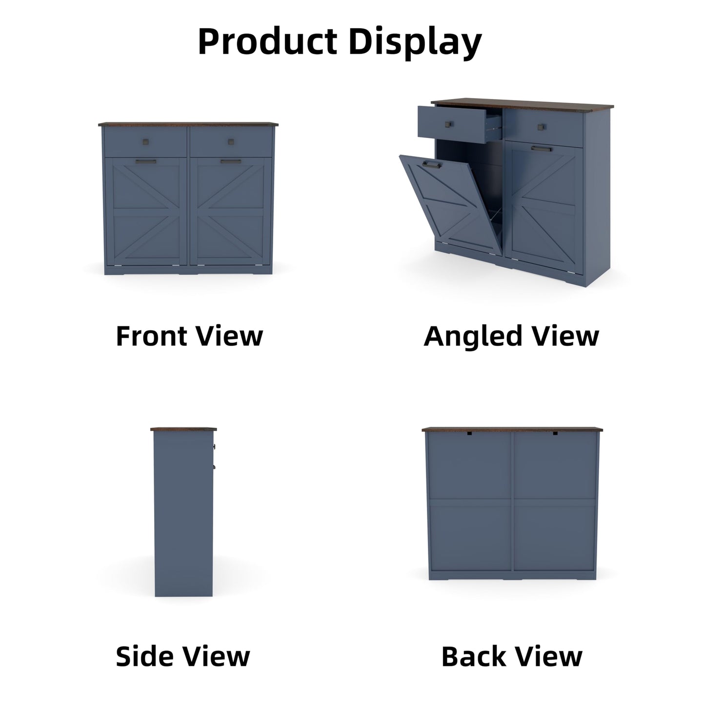Blue Double Tilt Out Trash Cabinet for 20 Gallon Trash Cans, Free Standing Recycling Cabinet with Hideaway Drawer, Barn Door Style Laundry Sorter Cabinet, Tilt Out Trash Cabinet for Kitchen