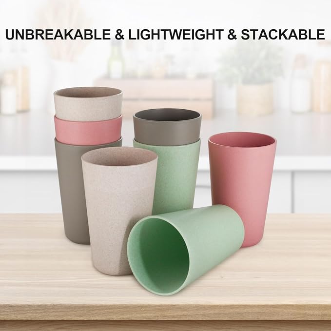 Premium Wheat Straw Cups 20 oz Set of 8 Alternative to Plastic Cups Reusable Unbreakable Drinking Cup Dishwasher Safe Water Glasses Tumblers, INS