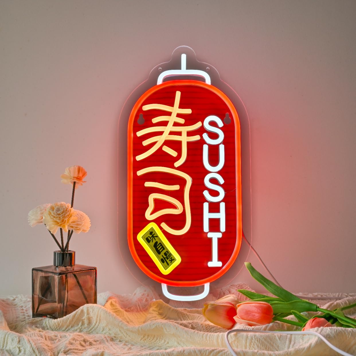 JOMOSPO Japanese Sushi Neon Sign, 寿司Neon Lights Hanging Wall Art Decoration for Japanese Style Restaurant Men Cave Bar Club Shop Store, USB Powered Ultra Bright Dimmable, 16 * 7.8 inches