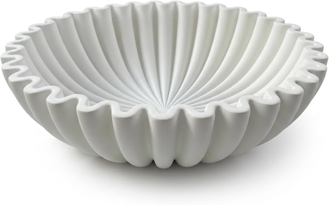 OAKOA Large Decorative Bowl - White Decorative Bowls for Home Decor - Organic Modern Home Decor Bowl - Concrete Ruffle Bowl Decor - Fluted Bowl - Scalloped Bowl