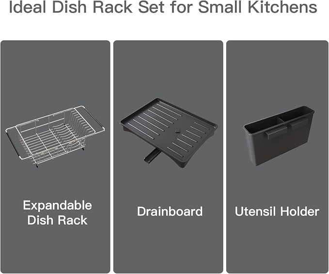 MAJALiS Dish Drying Rack Over The Sink with Utensil Holder, Drainboard | Expandable Stainless Steel Dish Drainer for Small Kitchen, Apartment, RV, Counter Space Saving, Perfect Fit, Rustproof