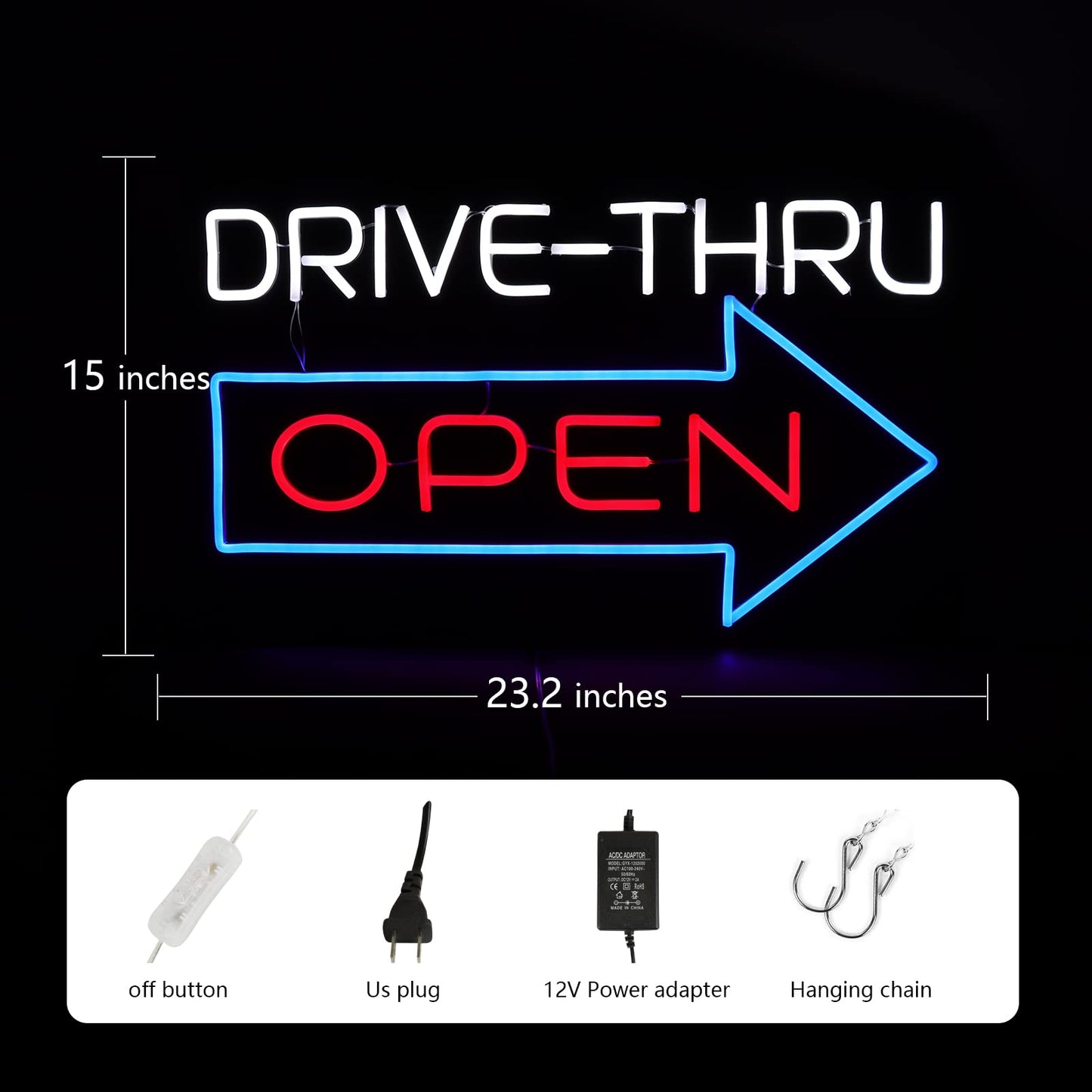 JFLLamp Large Drive Thru Open Neon Signs for Wall Decor Neon Lights for Bedroom Led Signs Suitable for Drive Thru Open Office Man Cave Bar Christmas 12V Power Adapter, 23.2*15Inch(Red + Blue+ White)