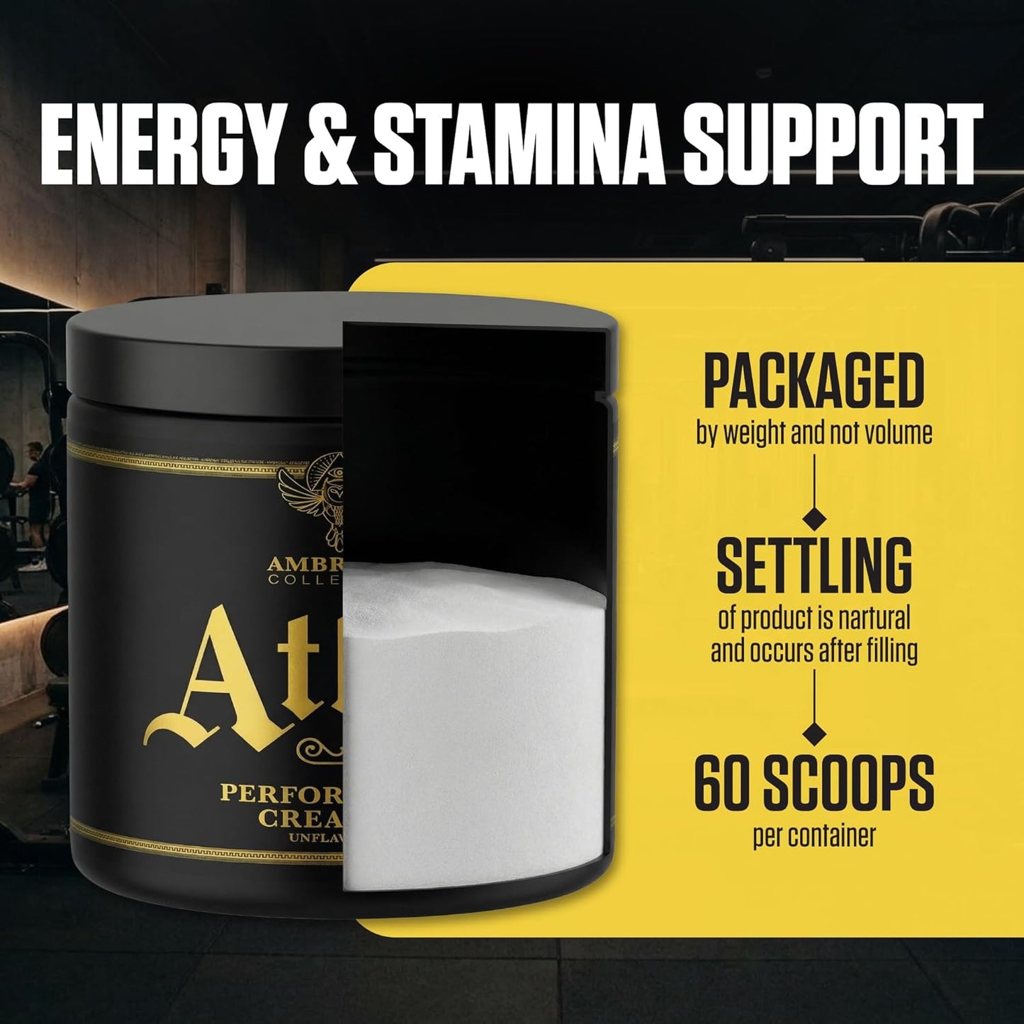 Ambrosia Atlas Creatine Monohydrate Powder | Creapure + Acetic Acid for Enhanced Absorption | Strength, Endurance & Recovery Support | Unflavored | 60 Servings