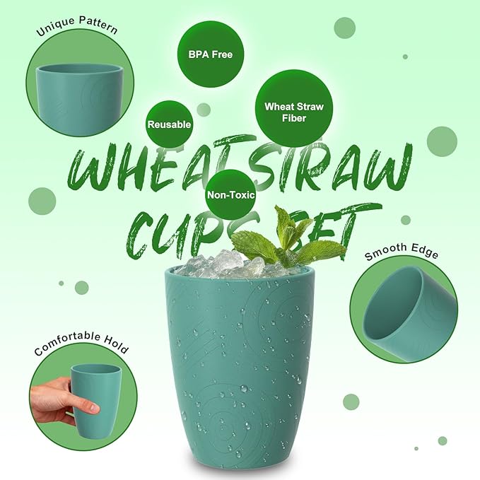 Wheat Straw Cups, Plastic Cups Reusable, Unbreakable Drinking Glasses Set of 6, Plastic Cups for Kitchen Camping Outdoor, 16 OZ Dishwasher Safe Tumblers & Water Glasses, Multi
