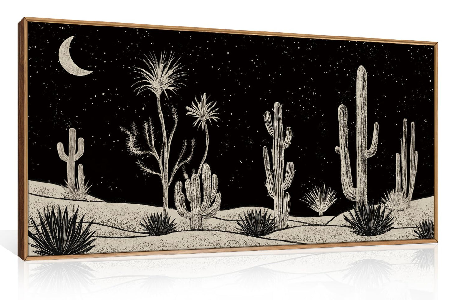 DRACIT Desert Night Cactus Framed Canvas Wall Art Set,Southwestern Black and White Landscape Wall Decor,Rustic Wooden Mid Century Boho Moon Artwork for Living Room,Bedroom-20 x40