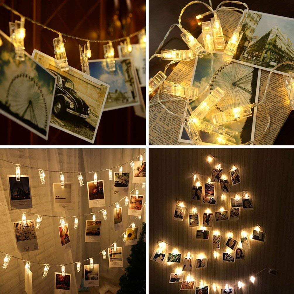 Dopheuor Photo Clip String Lights LED Fairy Clip String Lights Hanging Photo Pictures Battery Operated for Gifts Patio Christmas Bedroom Wedding Birthday Party Halloween Festival Decor (no Battery)