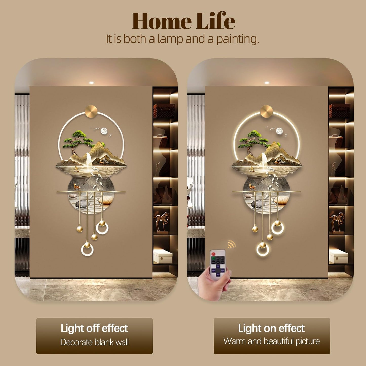 JUNTHORB 3D Decor, 3D Painting with Light, Wall Sculptures Hanging Art with LED Light, Chinese Wall Hanging Paintings for Home