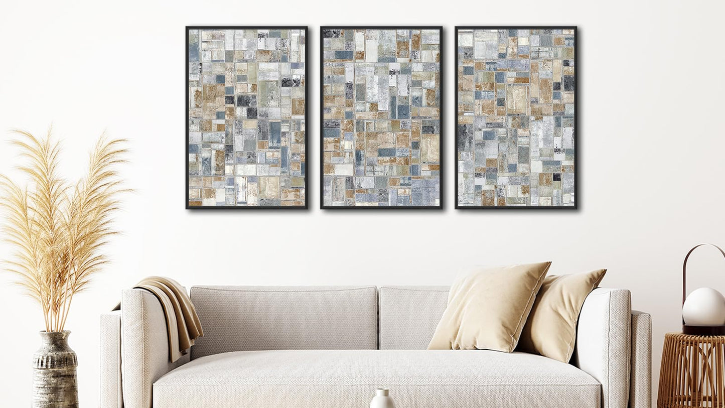 Large Framed Abstract Wall Art - Retro Block Wall Decor Painting 20"x28" Set of 3 Modern Wall Art Prints Rustic Mosaic Canvas Pictures for Living Room Bedroom Office Artwork
