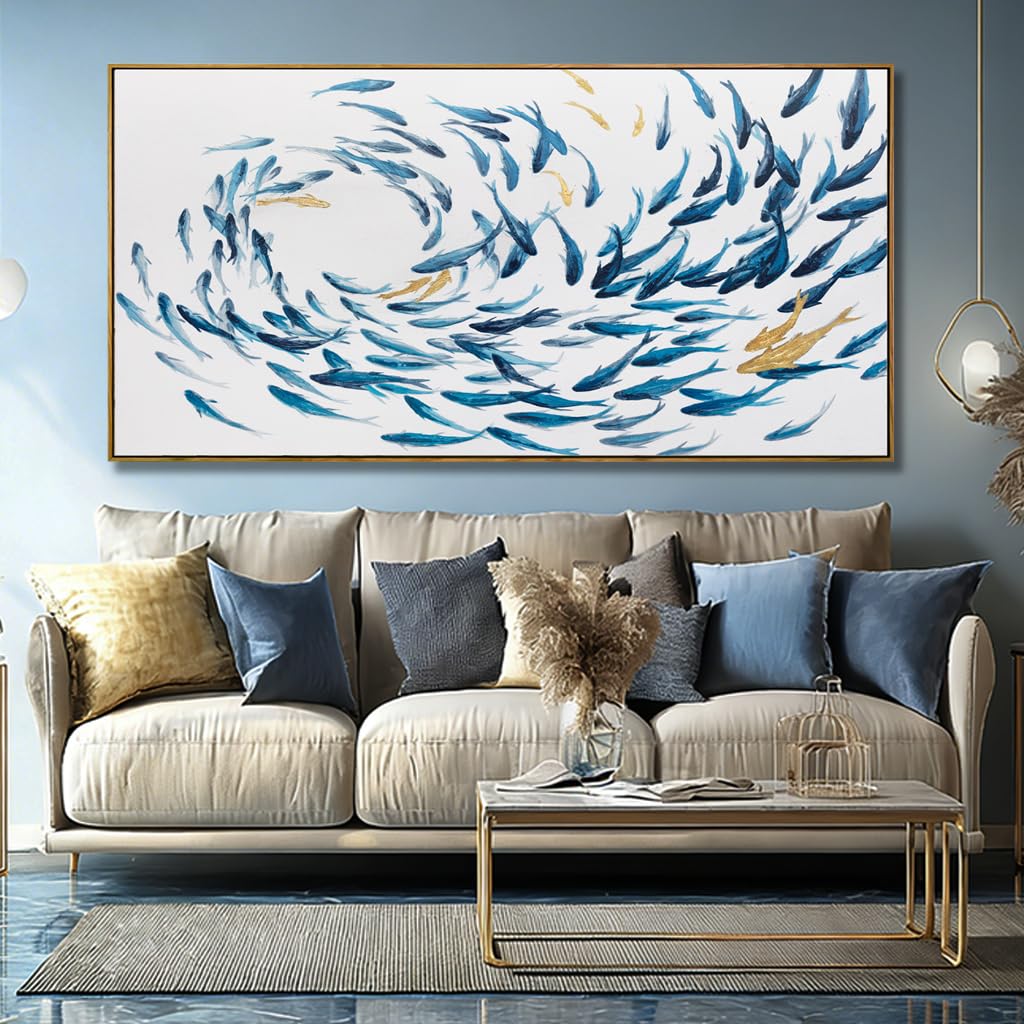 Canvas Wall Art Blue Fish Ocean Sea Framed Artwork Large Pictures Wall Decor Artwork Prints Poster Animal Arts 29"x58"for Living Room Office