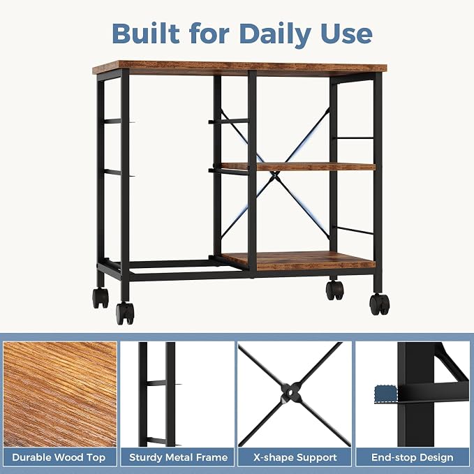 OLIXIS 3-Tier Printer Stand with Fabric Storage Drawer, Rolling Printer Cart with Lockable Wheels and Metal Frame, Under Desk Table with Open Storage Shelf for Small Spaces, Home, Office, Gray