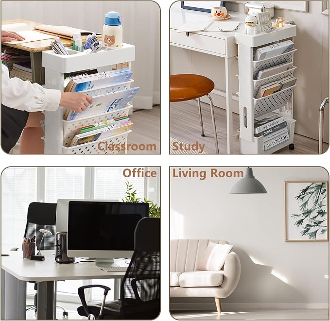 White Rolling Office Paper Organizer, Mobile Book Cart Document Folder File Storage with Pen Holder, Slim Rolling Storage Cart Movable Bookshelf for Office, Dorm, Classroom, Nursery