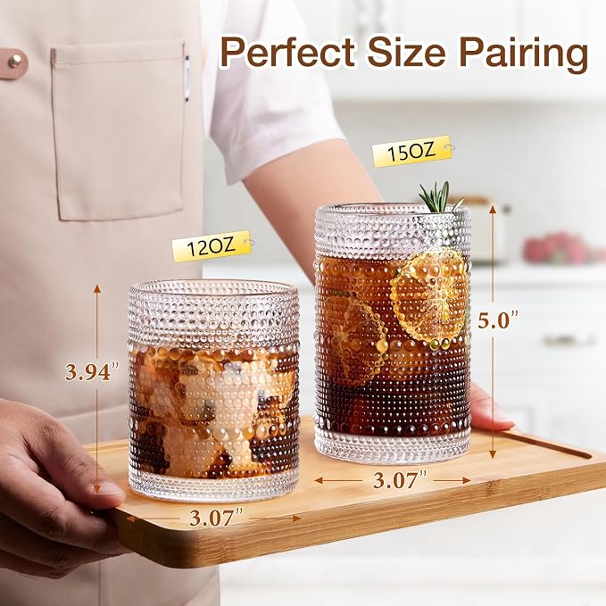 LUNA & MANTHA Drinking Water Glasses Set, Lead-Free Crystal Highball Glass, Tall Glass Cups for Cocktail Parties,Hobnail set of 8,15oz&12oz