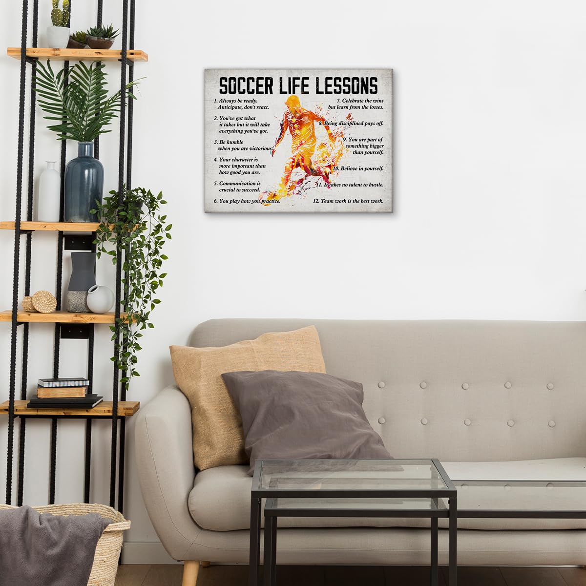 Hijie Soccer Poster Canvas Wall Art Home Decor, Soccer Life Lessons Inspirational Canvas Print Painting Ready to Hang, Soccer Gifts for Men - Easel & Hanging Hook 12x15 Inch
