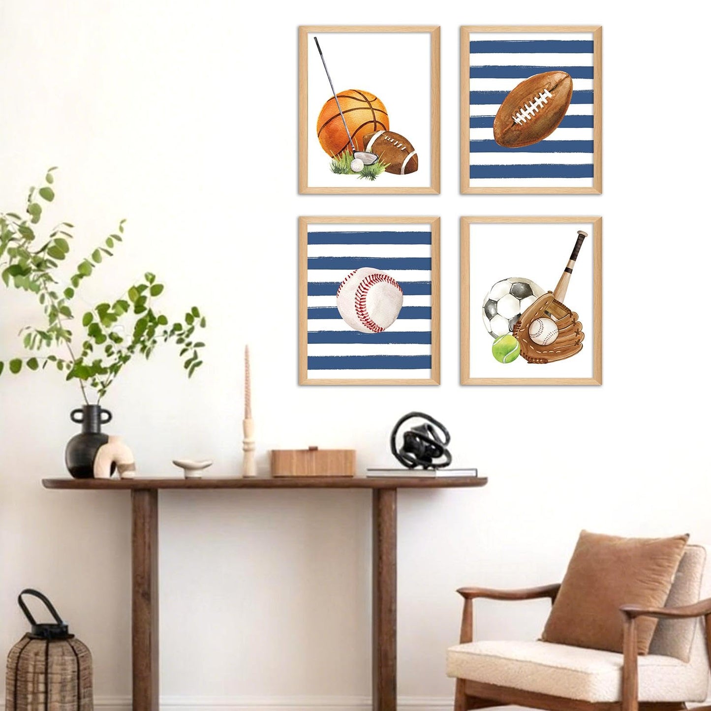 Hapons Sport Themed Wall Art Decor Posters, Basketball Baseball Football Soccer College Teen Boys Men Kids Room Bedroom Playroom Dorm Wall Art Prints, Aesthetic Tennis Golf Blue Striped Nursery Wall Decor Sport Lover Gifts 8''x10'' 4 PCS Unframed