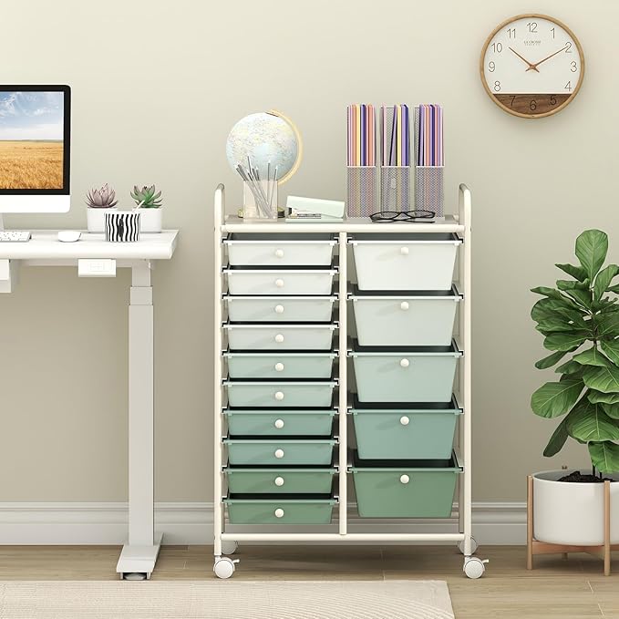 Giantex 15 Drawers Rolling Cart, Classroom Organizers, Storage Cart with Wheels, for Teacher Office Home School Supplies Tool Craft Art Paper, Green Gradient
