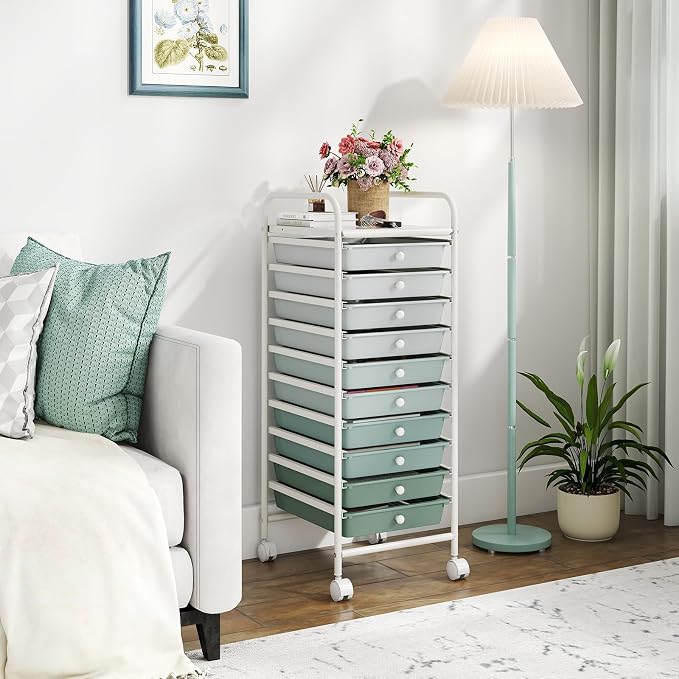 Giantex 10-Drawer Rolling Storage Cart w/Wheels, Handle, Removable Drawers, Mobile Organizer Storage Unit, Trolley Utility Cart for Home Kitchen Living Room Office Play Room, Green Gradient