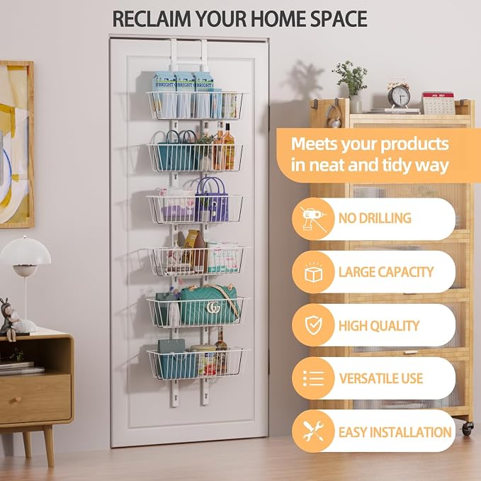 6 Tier Over the Door Pantry Organizer, Foldable Metal Over the Door Hanging Spice Rack with 6 Baskets, Adjustable Hanging Storage Rack for Kitchen, Bedroom, Laundry Room, Bathroom Essentials, White