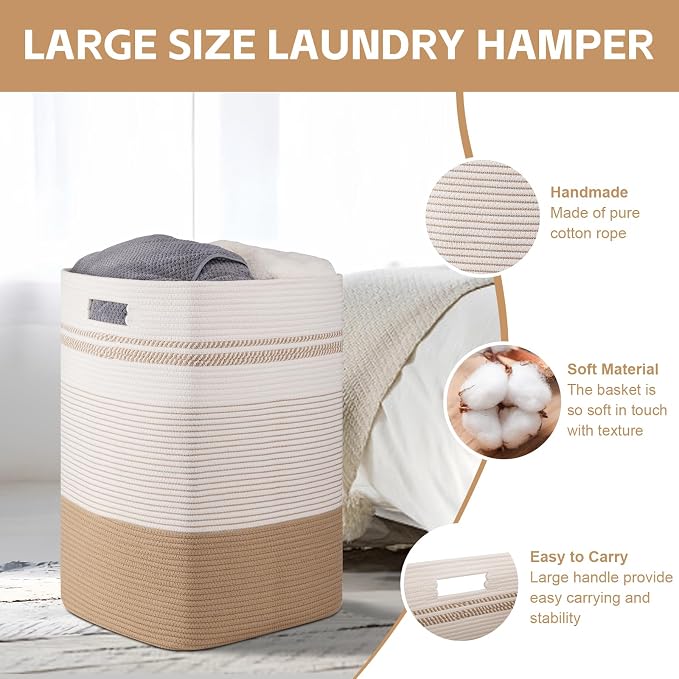 96L Extra Large Cotton Rope Laundry Basket for Bedroom & Laundry Room, Tall Clothes Hamper with Sturdy Handles, Neutral Storage Bin Capable of Holding Blankets and Toys