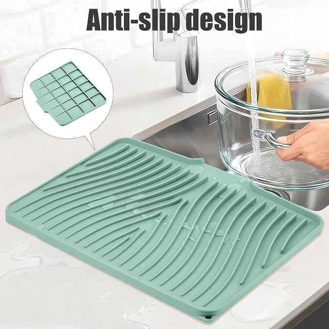 TIKNIK Silicone Dish Drying Mat for Kitchen Counter - Heat Resistant & Non-Slip Dish Drain Pad with Built-In Drain, Dishwasher Safe, Quick-Dry, Hangable & Roll-Up for Storage, Mint-1pcs, 16" x 12"