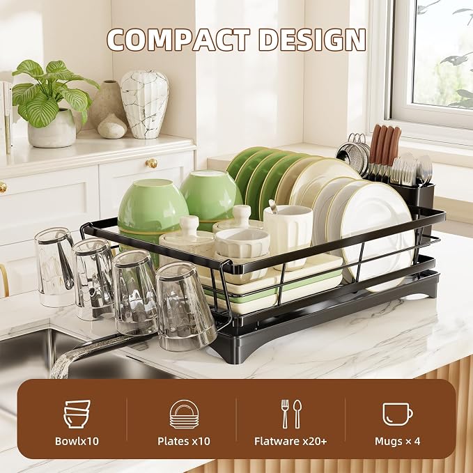Simple Trending Dish Drying Rack for Kitchen Counter, Stainless Steel Dish Rack, Large Dish Drainer Organizer with Cutlery Holder & Cup Holders, Black