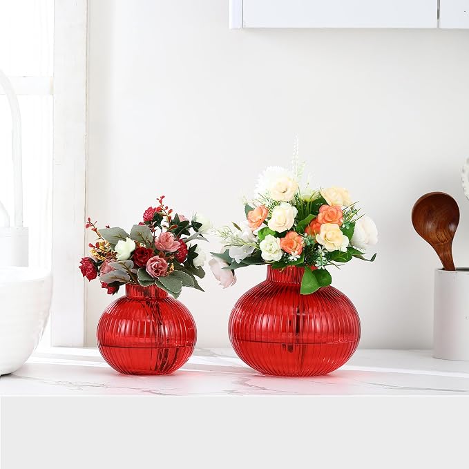 Red Glass Vases for Tulips, Set of 2, Flower Vases for Bouquet, Ribbed Glass Vase for Flowers, Short Vase for Living Room, Office, Coffee Table, Shelf, Wedding