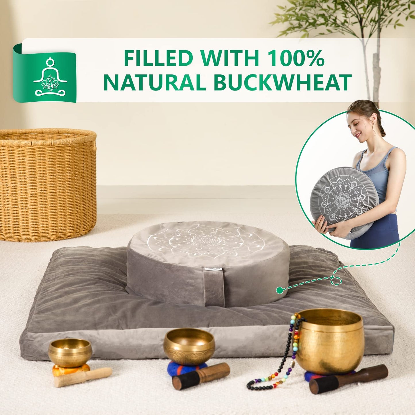 Hihealer Meditation Cushion, Traditional Tibetan Meditation Pillow Velvet Cover - Large Floor Cushion Seating for Adults - Yoga Buckwheat Bolster for Women、Moms